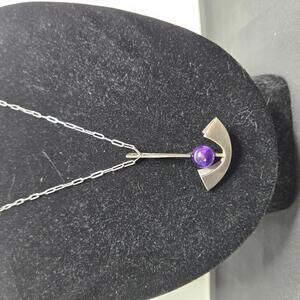 Vintage Modernist Sterling Silver Amethyst Necklace Scandinavian B&S Paperclip